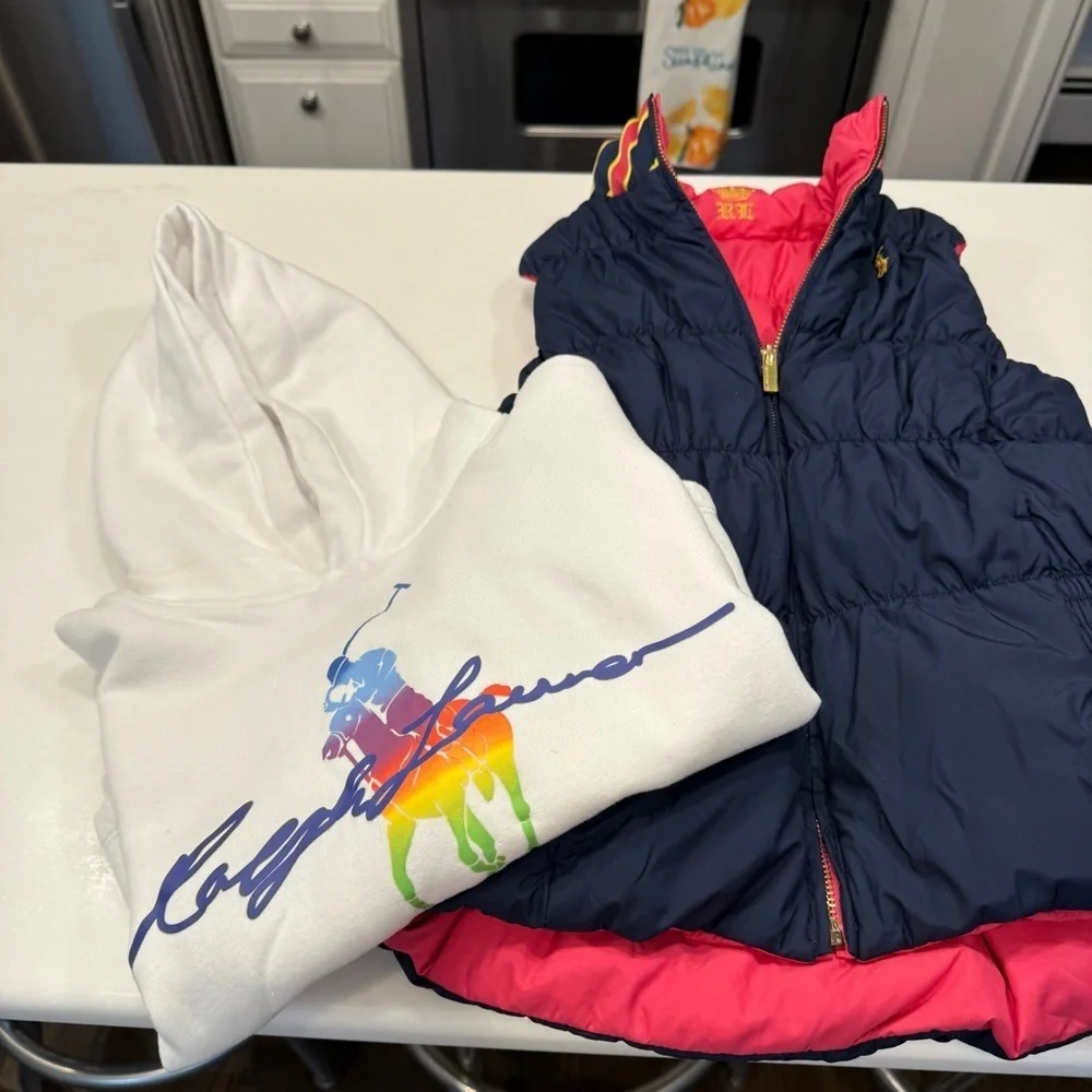 Ralph Lauren Girls 2 PCS Set Reversible Down Puffer Vest & White Hoodie M(8-10)